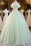 Green Off Shoulder Tulle Green Long Formal Prom Dresses, Green Lace Long Sweet 16 Dresses