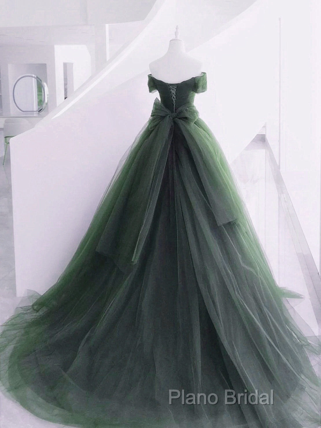 Green Off Shoulder Tulle Sweetheart Long Party Dresses, Green Tulle Formal Dresses Formal Prom Dresses