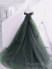 Green Off Shoulder Tulle Sweetheart Long Party Dresses, Green Tulle Formal Dresses Formal Prom Dresses