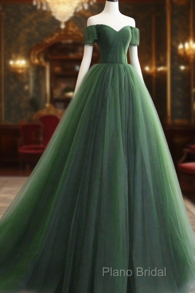 Green Off Shoulder Tulle Sweetheart Long Party Dresses, Green Tulle Formal Dresses Formal Prom Dresses Main image