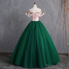 Green Off Shoulder Tulle with Lace Formal Gown, Green Evening Sweet 16 Dresses