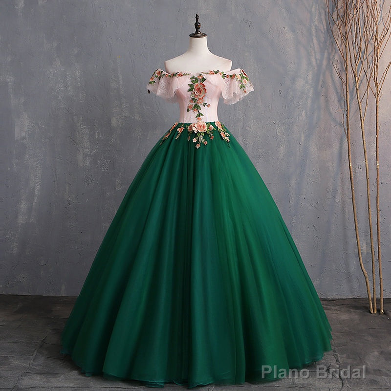Green Off Shoulder Tulle with Lace Formal Gown, Green Evening Sweet 16 Dresses