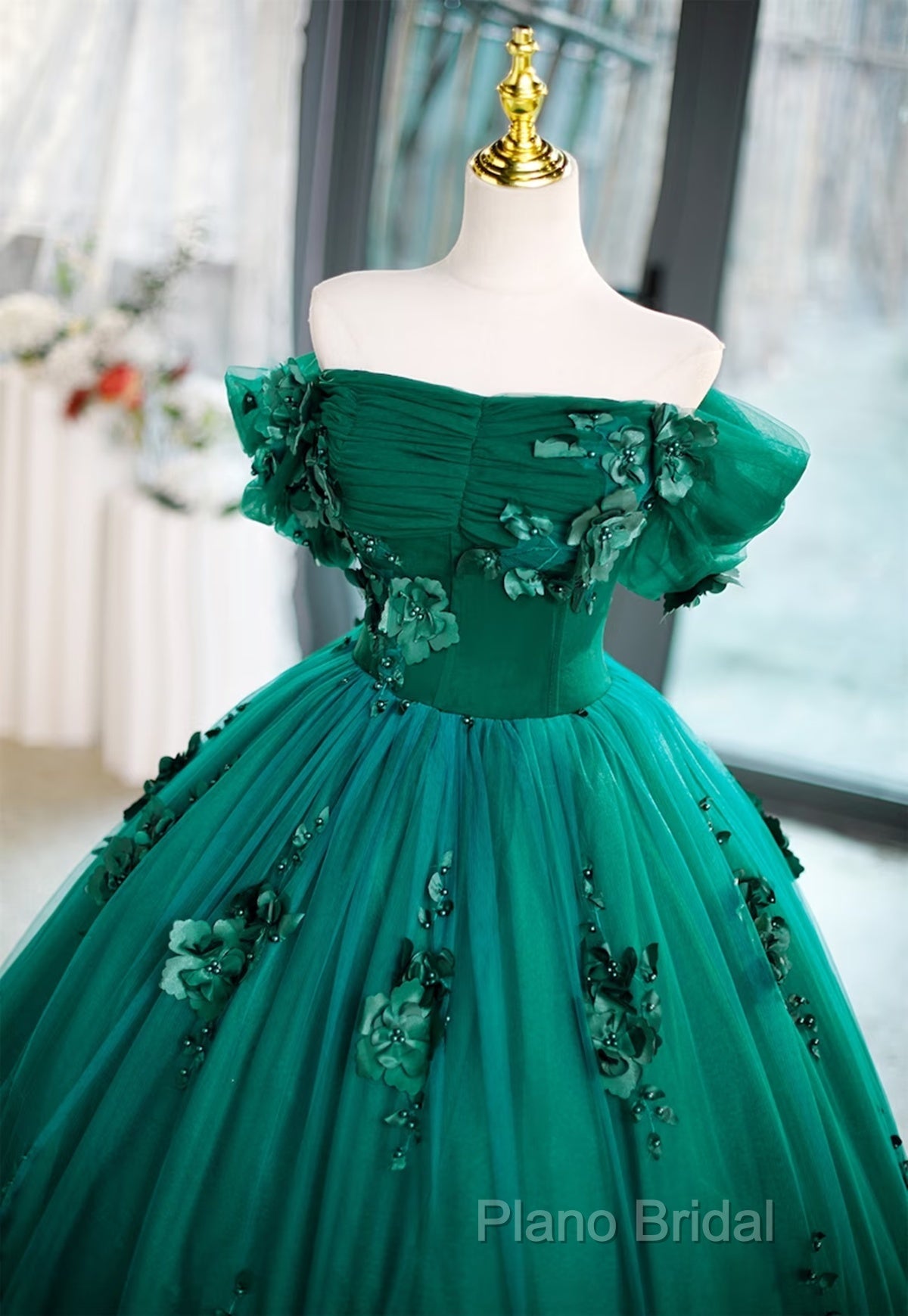 Green Off Shouldr Ball Gown Flowers Tulle Formal Dresses, Green Floor Length Party Dresses Secondary image