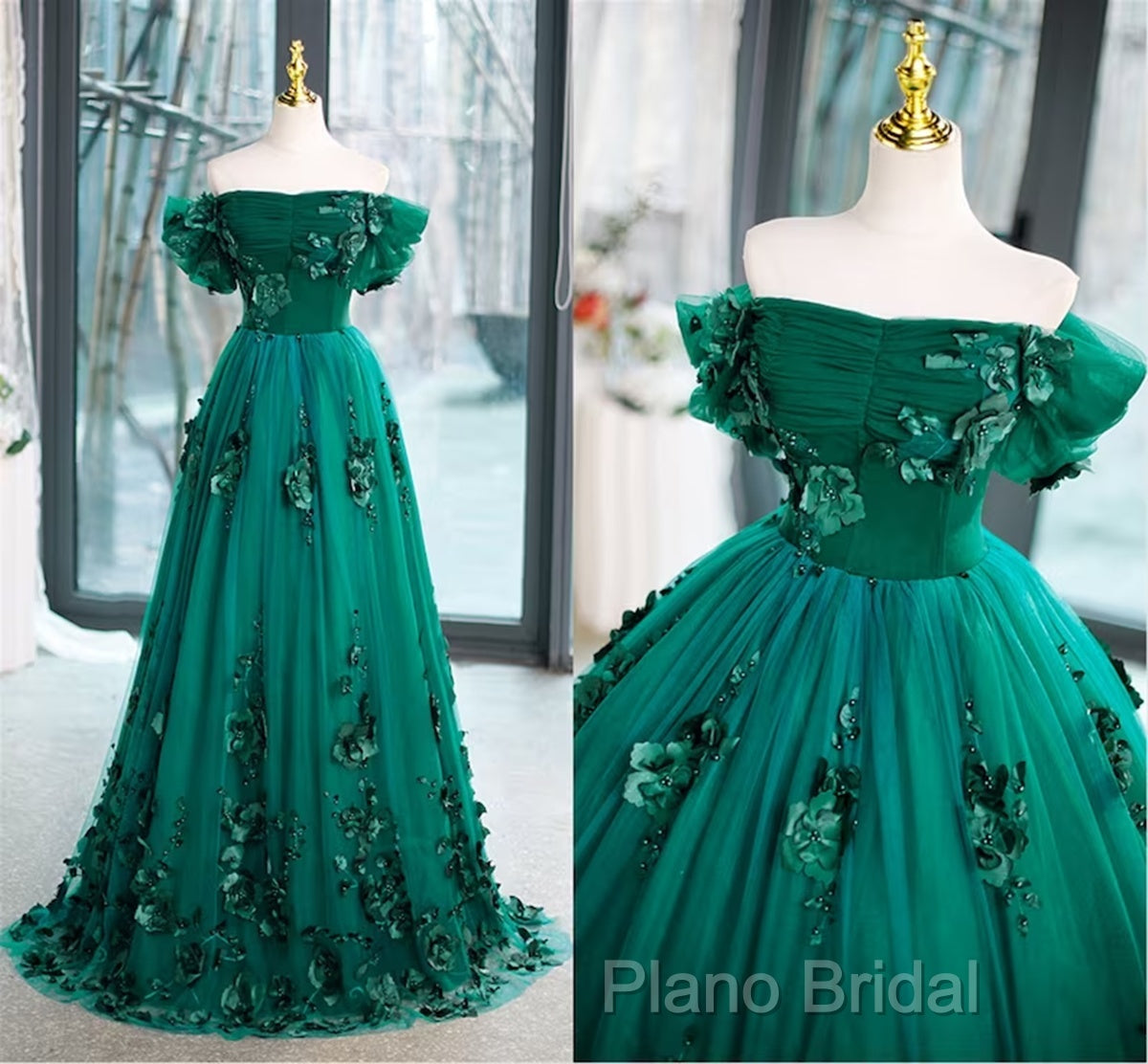 Green Off Shouldr Ball Gown Flowers Tulle Formal Dresses, Green Floor Length Party Dresses