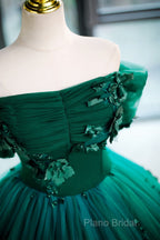 Green Off Shouldr Ball Gown Flowers Tulle Formal Dresses, Green Floor Length Party Dresses