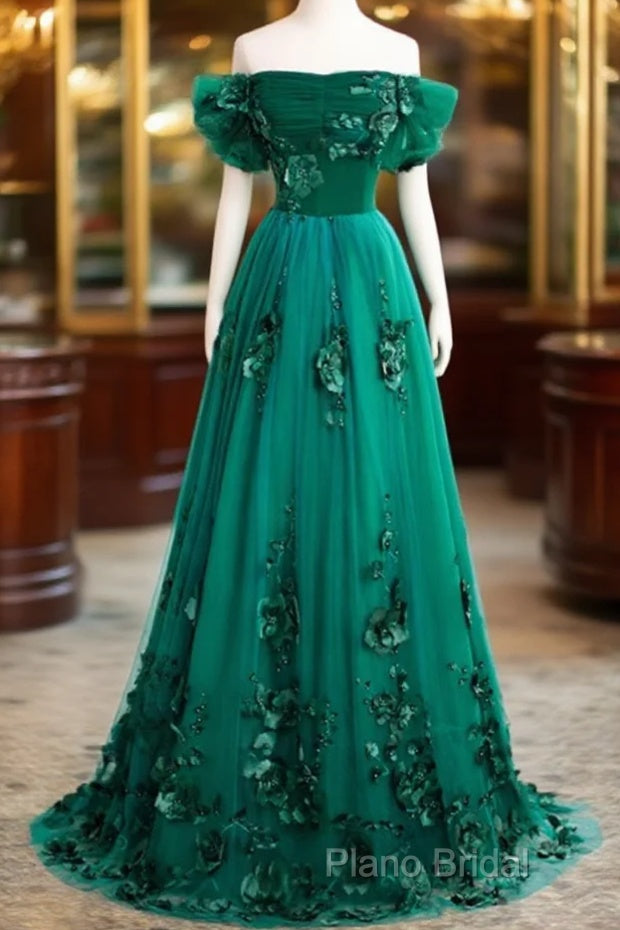 Green Off Shouldr Ball Gown Flowers Tulle Formal Dresses, Green Floor Length Party Dresses