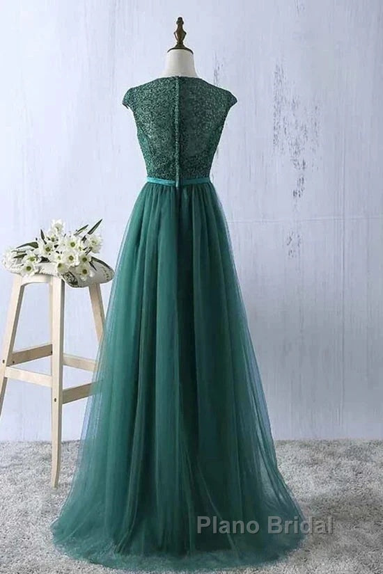 Green Formal Prom Dresses Scoop Tulle & Lace With Sash A Line Sweep Train Floor Length Elegant Secondary image