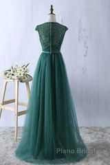 Green Formal Prom Dresses Scoop Tulle & Lace With Sash A Line Sweep Train Floor Length Elegant
