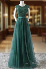 Green Formal Prom Dresses Scoop Tulle & Lace With Sash A Line Sweep Train Floor Length Elegant
