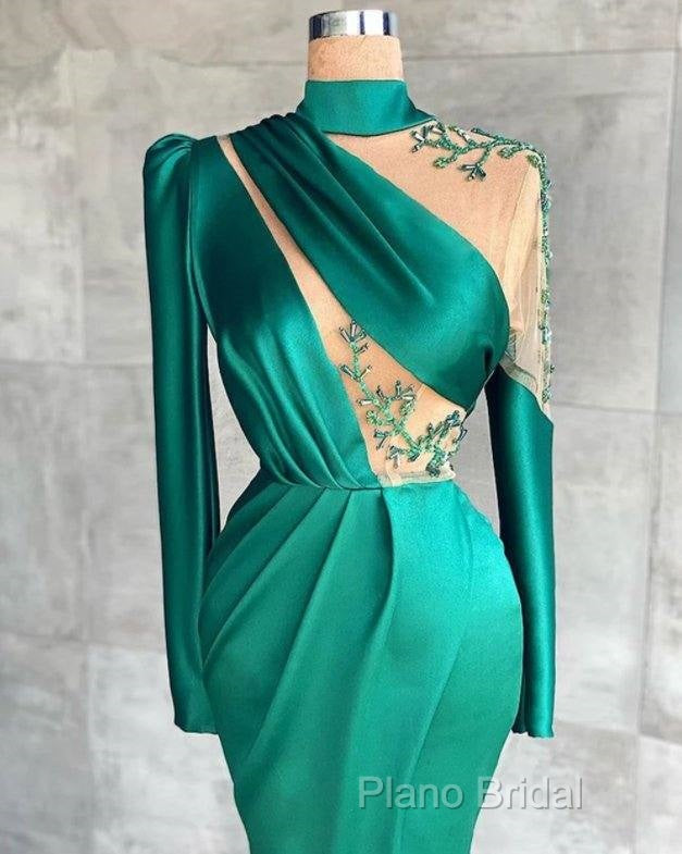 Green Robe De Soiree Sheath Long Sleeves Satin Beaded Slit Sexy Long Formal Prom Dresses Formal Prom Gown Formal Dresses Secondary image