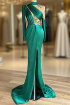 Green Robe De Soiree Sheath Long Sleeves Satin Beaded Slit Sexy Long Formal Prom Dresses Formal Prom Gown Formal Dresses