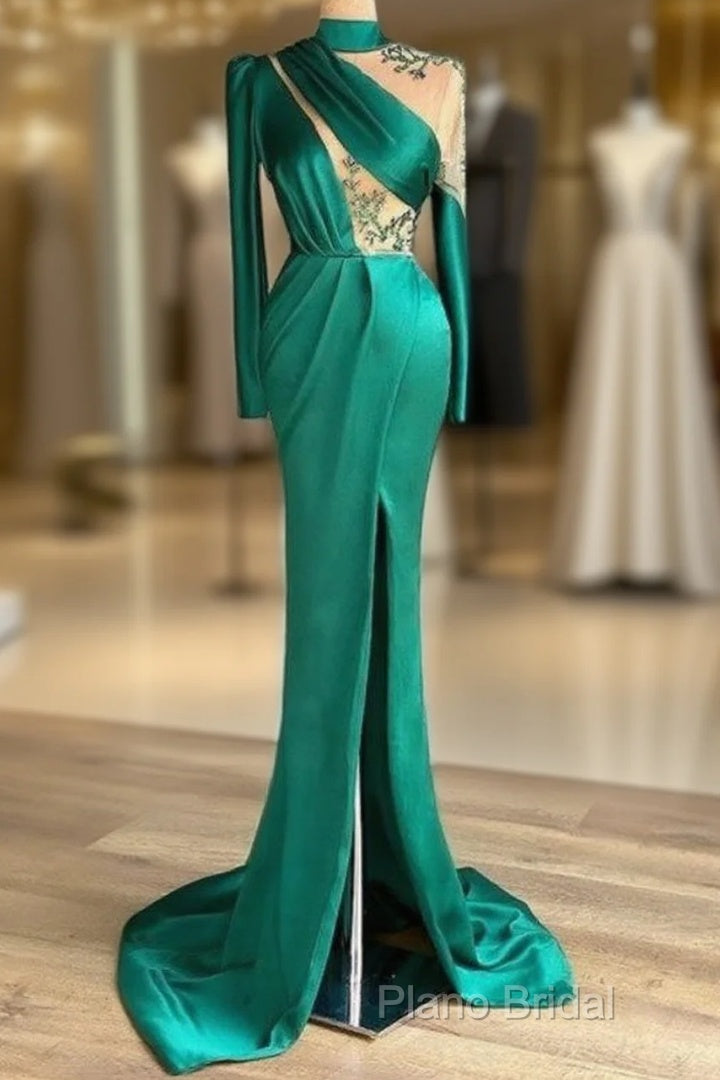 Green Robe De Soiree Sheath Long Sleeves Satin Beaded Slit Sexy Long Formal Prom Dresses Formal Prom Gown Formal Dresses