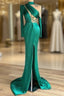 Green Robe De Soiree Sheath Long Sleeves Satin Beaded Slit Sexy Long Formal Prom Dresses Formal Prom Gown Formal Dresses
