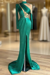 Green Robe De Soiree Sheath Long Sleeves Satin Beaded Slit Sexy Long Formal Prom Dresses Formal Prom Gown Formal Dresses