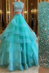 Green Round Neck 2 Pieces Beaded Sequins Tulle Long Formal Prom Dress, Green 2 Pieces Formal Dress, Green Evening Dress