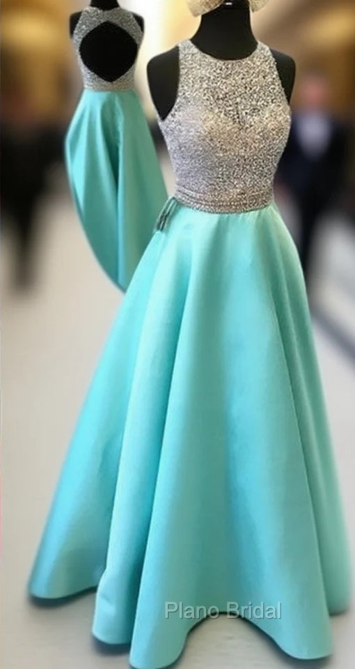 Green Round Neck Sequin Backless Long Formal Prom Dresses, Evening Dresses Main image