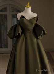 Green Satin A-line Long Prom Dress Party Dress, Green Off Shoulder Evening Dress