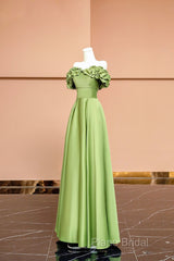 Green Satin Floor Length Formal Prom Dresses, Off The Shoulder Formal Party Dresses
