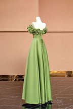 Green Satin Floor Length Formal Prom Dresses, Off The Shoulder Formal Party Dresses