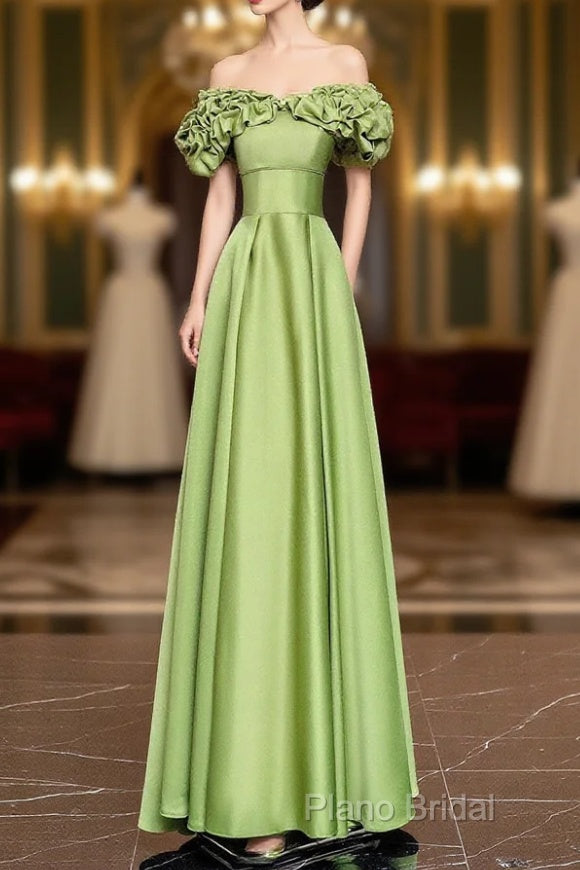 Green Satin Floor Length Formal Prom Dresses, Off The Shoulder Formal Party Dresses Main image