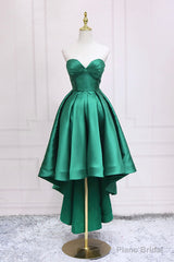 Green Satin High Low Prom Dress, Cute Sweetheart Neck Evening Party Dress