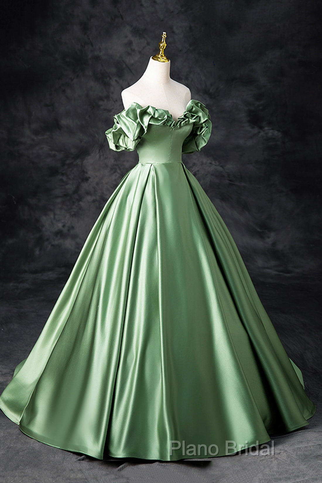 Green Satin Long A-Line Party Dresses, Off The Shoulder Formal Dresses Secondary image