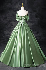 Green Satin Long A-Line Party Dresses, Off The Shoulder Formal Dresses
