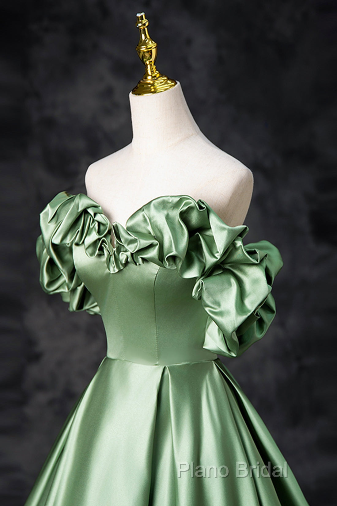 Green Satin Long A-Line Party Dresses, Off The Shoulder Formal Dresses