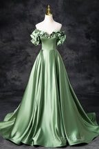 Green Satin Long A-Line Party Dresses, Off The Shoulder Formal Dresses