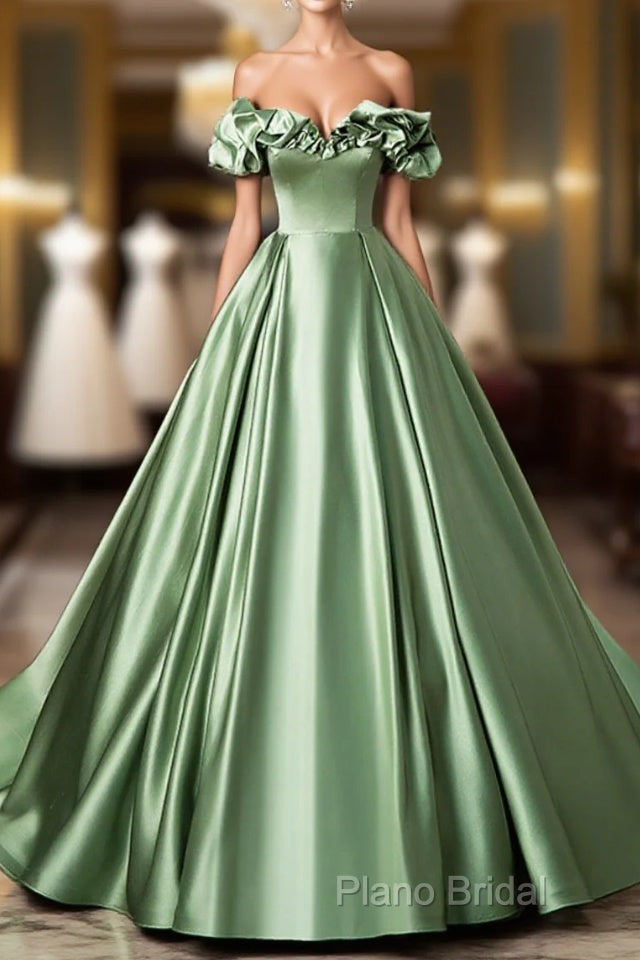 Green Satin Long A-Line Party Dresses, Off The Shoulder Formal Dresses Main image