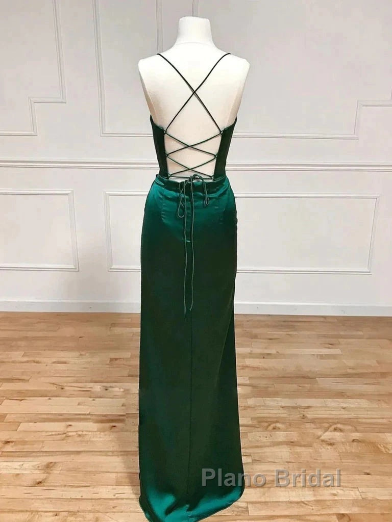 Green Satin Long Mermaid Slit Formal Prom Dresses Secondary image