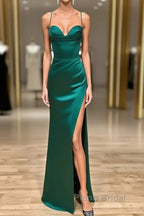 Green Satin Long Mermaid Slit Formal Prom Dresses