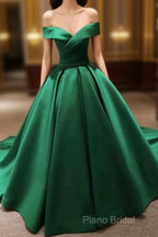 Green Satin Formal Prom Dresses Long Off The Shoulder Ball Gowns Quinceanera Dresses