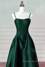 Green Satin Simple A-Line Floor Length Party Dresses, Green Satin Straps Formal Prom Dresses
