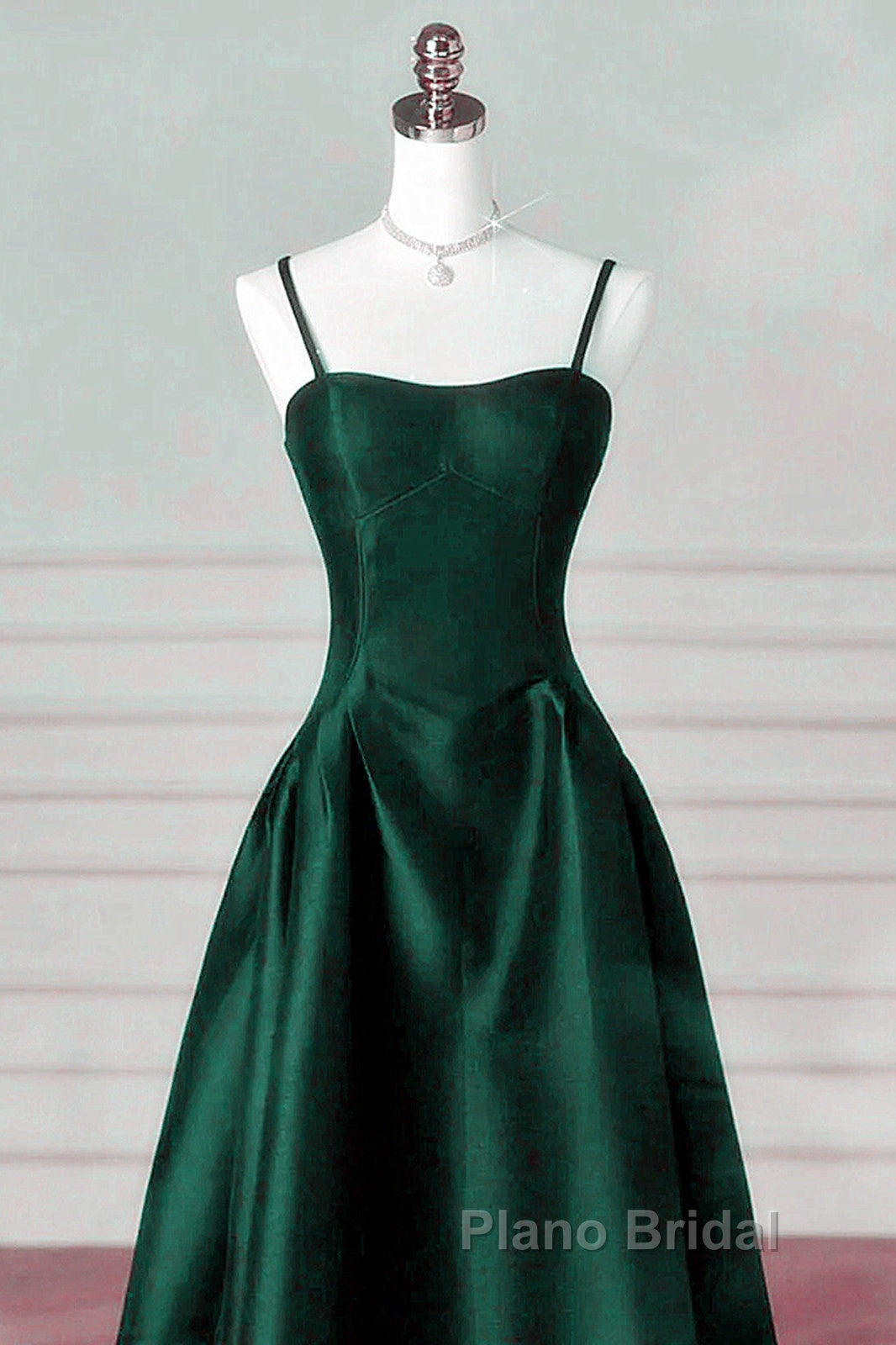 Green Satin Simple A-Line Floor Length Party Dresses, Green Satin Straps Formal Prom Dresses