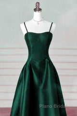 Green Satin Simple A-Line Floor Length Party Dresses, Green Satin Straps Formal Prom Dresses