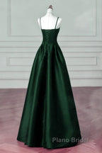 Green Satin Simple A-Line Floor Length Party Dresses, Green Satin Straps Formal Prom Dresses