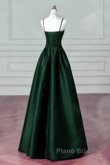 Green Satin Simple A-Line Floor Length Party Dresses, Green Satin Straps Formal Prom Dresses