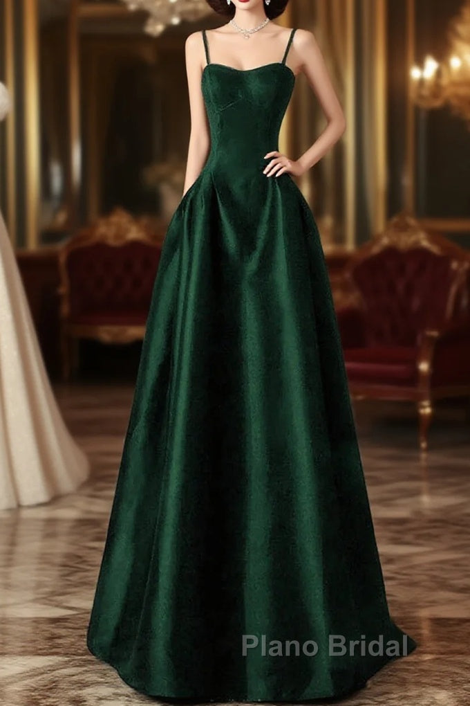 Green Satin Simple A-Line Floor Length Party Dresses, Green Satin Straps Formal Prom Dresses Main image