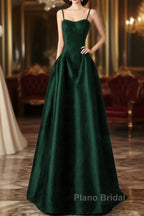Green Satin Simple A-Line Floor Length Party Dresses, Green Satin Straps Formal Prom Dresses