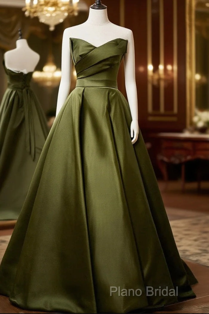 Green Satin V-Neckline Lace-Up Long Wedding Party Dresses, Green Formal Dresses Main image