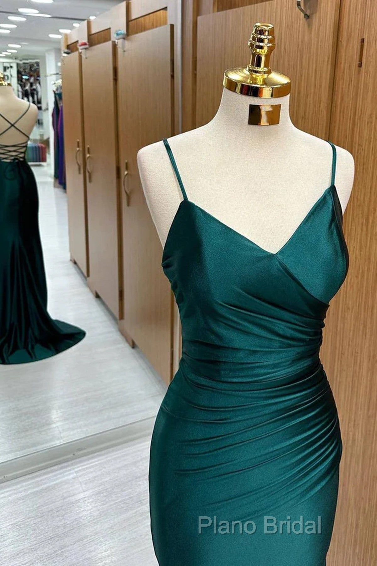 Green Satin V-Neckline Mermaid Straps Formal Gown, Green Satin Formal Prom Dresses Secondary image