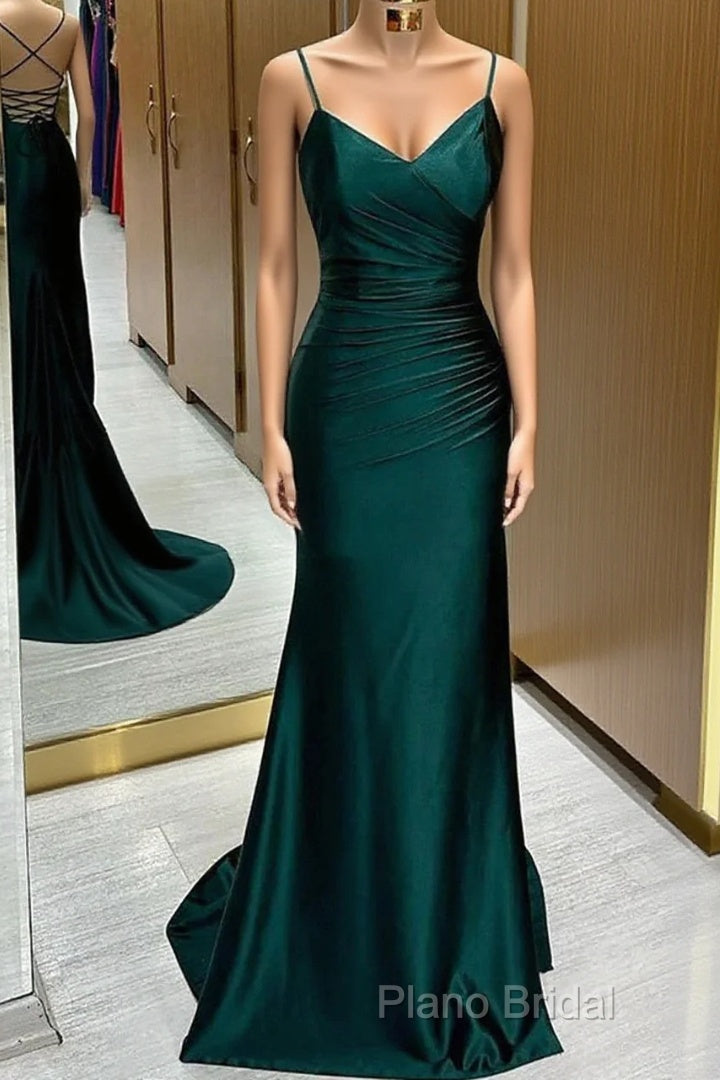 Green Satin V-Neckline Mermaid Straps Formal Gown, Green Satin Formal Prom Dresses Main image