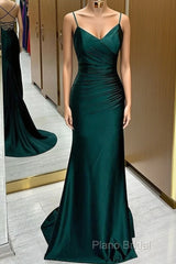Green Satin V-Neckline Mermaid Straps Formal Gown, Green Satin Formal Prom Dresses