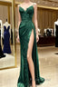 Green Satin With Lace Straps Long Evening Dresses Formal Prom Dresses, Green Satin Party Dres