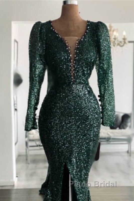 Green Sequin V Neck Mermaid Formal Prom Dresses
