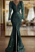 Green Sequin V Neck Mermaid Formal Prom Dresses