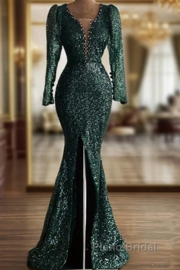 Green Sequin V Neck Mermaid Formal Prom Dresses