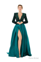 Sequined Satin A Line Front Slit V Neck Full Sleeve Sweep Train Long Prom Dresses