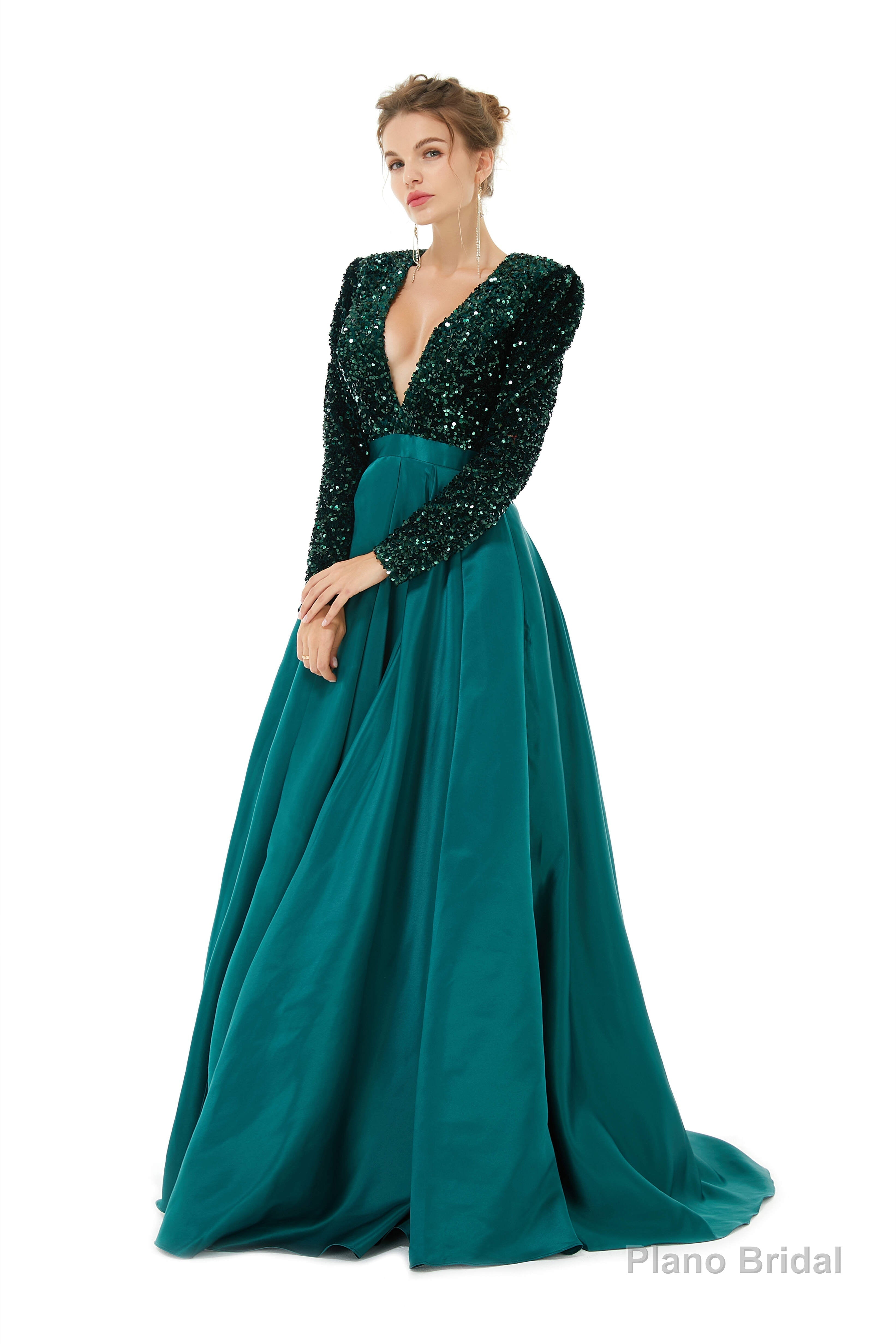 Sequined Satin A Line Front Slit V Neck Full Sleeve Sweep Train Long Prom Dresses